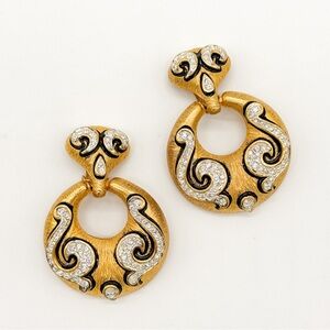 Vintage Gem CRAFT Stamped Ornate Doorknocker Clip On Earrings Gold Black Swirl